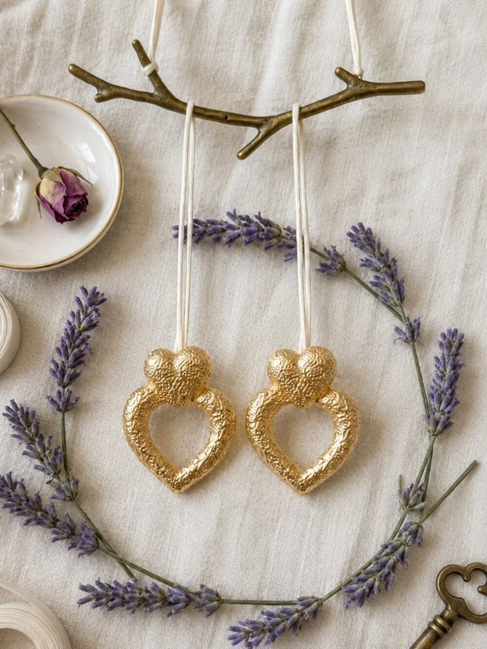 18K Gold Plated SS Coquette Mob Wife Double Heart Hammered Statement Studs 1.9in